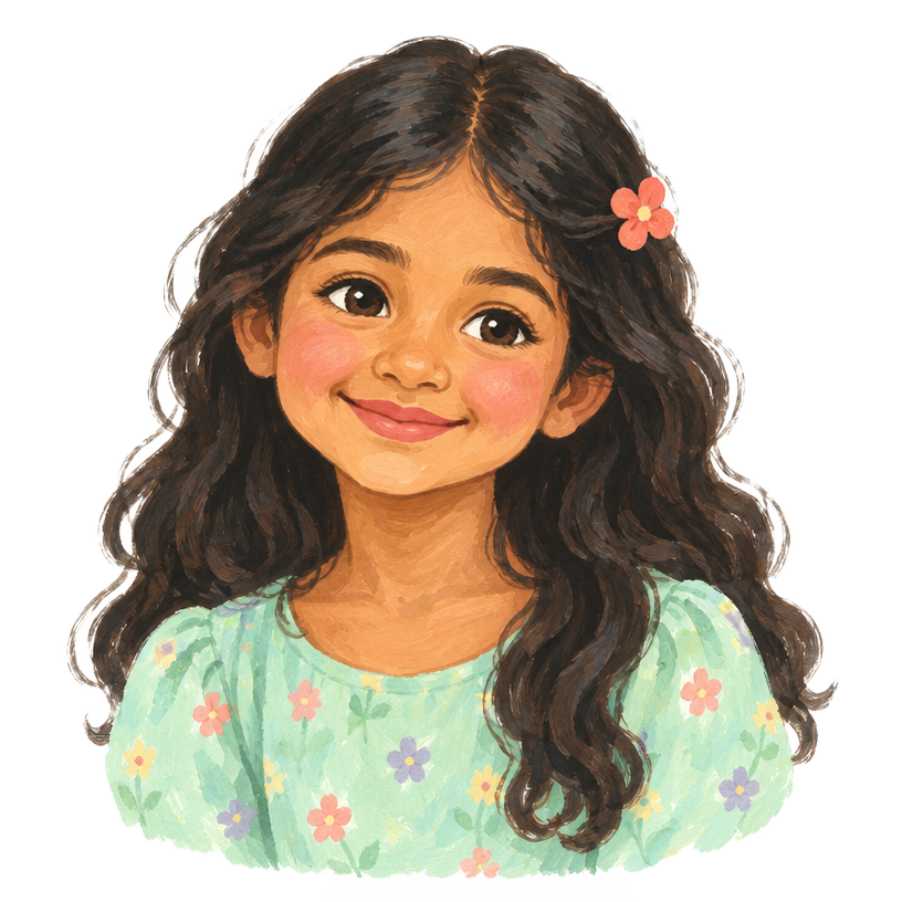 A cheerful illustrated portrait of Priya